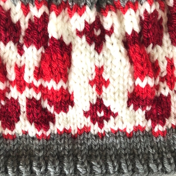 Fair Isle knit beanie in cranberry, red & grey - Picture 4 of 4